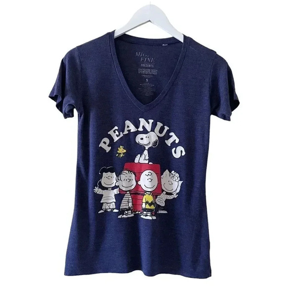 Mighty Fine Shirt Dark Blue Peanuts Characters V-Neck Lightweight SZ S #1372 - Picture 1 of 11